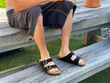 European men's sandals. Very similar to Birkenstock sandals. Quality and comfort, contoured footbeds from Spain. In black.