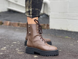 Quality European footwear. Women's boots made in Brazil, leather combat style boot in brown.