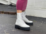 Quality European footwear. Women's boots made in Brazil, leather combat style boot in white.