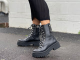 Quality European footwear. Women's boots made in Brazil, leather combat style boot in black.