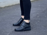 European made ankle boot, comfortable footbed, removable insoles, Velcro strap, easy to get on the foot. Shoes from Portugal. Leather uppers.