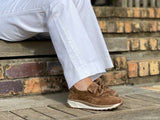 Wallabee style European sneakers in quality tan suede leather. Women's shoes made in Spain.