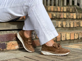 Wallabee style European sneakers in quality tan suede leather. Women's shoes made in Spain.