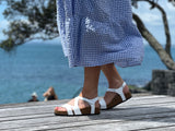 Quality European women's sandals. Made in Spain contoured cork footbed and rubber sole. Strappy sandal that comes in white.