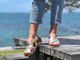 Quality European women's sandals. Made in Spain contoured cork footbed and rubber sole. Strappy sandal that comes in rose gold.