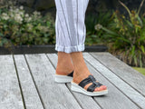 Comfortable women's slide  sandals. European from Spain. Soft quality leather straps and wedge sole unit. In black.