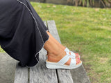 Comfortable women's slide  sandals. European from Spain. Soft quality leather straps and wedge sole unit. In white.
