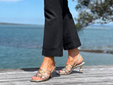 Comfortable, quality European women's slingback sandals with a small kitten heel strappy leather sandal with knot detail. Wedding or special occasion shoe in gold.