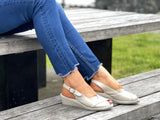 Dressy slingback sandal on a wedge sole unit. European shoe in soft leathers. Comfortable women's sandals.