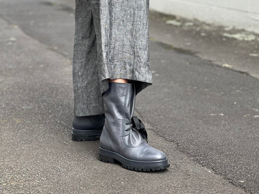 Grungy combat style boot. European, made in Italy from quality, soft leathers. Rugged and robust sole unit, comfortable women's boots. In slate colour