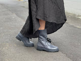 Grungy combat style boot. European, made in Italy from quality, soft leathers. Rugged and robust sole unit, comfortable women's boots. In slate colour