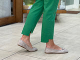 European women's sandals. Ballet flat with woven detail on toe. Quality soft leather uppers in silvergrey.