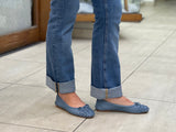 European women's sandals. Ballet flat with woven detail on toe. Quality soft leather uppers in blue/denim.