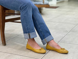 European women's sandals. Ballet flat with woven detail on toe. Quality soft leather uppers in yellow.