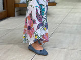European women's sandals. Ballet flat with woven detail on toe. Quality soft leather uppers in blue/denim.