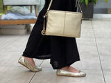 European women's sandals. Ballet flat with woven detail on toe. Quality soft leather uppers in gold.