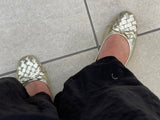 European women's sandals. Ballet flat with woven detail on toe. Quality soft leather uppers in gold.