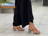 European women's sandals stacked block heel, crossover straps soft quality leather uppers slingback buckle. In coconut/tan.