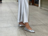 European women's sandals. Ballet flat with woven detail on toe. Quality soft leather uppers in silver.