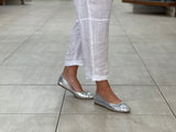 European women's sandals. Ballet flat with woven detail on toe. Quality soft leather uppers in silver