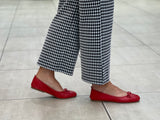 European women's sandals. Ballet flat with woven detail on toe. Quality soft leather uppers in red.