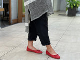 European women's sandals. Ballet flat with woven detail on toe. Quality soft leather uppers in red.