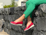 Comfortable European shoes. Women's shoes made from quality soft leather wedge sandals in red.