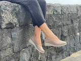 Comfortable European shoes. Women's shoes made from quality soft leather wedge sandals in taupe.