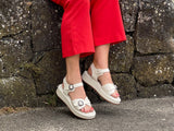 Marca women's sandals with comfortable chunky wedge sole unit. Soft leather with double buckles. In off white.