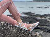 Marca women's sandals with comfortable sole unit. Soft leather strappy sandals in off silver.