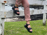 Marca women's sandals with comfortable chunky wedge sole unit. Soft leather with double buckles. In off black.