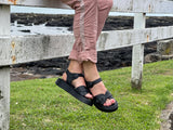 Marca women's sandals with comfortable chunky wedge sole unit. Soft leather with double buckles. In off black.