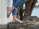 Marca women's sandals with comfortable sole unit. Soft leather strappy sandals in off pewter.