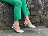 Chanel inspired heels. European quality women's shoes. Beautiful diamante detail, slingback with enclosed toe. Perfect wedding shoe available in cream/gold.