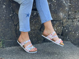 European made sandals from Spain. Quality and comfort with contoured cork footbed. Women's slide sandal in rose floral.