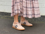 Comfortable sneakers, soft leather rubber sole unit. Great women's shoes for everyday wear in pink navy stripes.