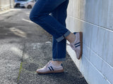 Comfortable sneakers, soft leather rubber sole unit. Great women's shoes for everyday wear in pink navy stripes.
