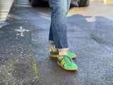 Comfortable sneakers, soft leather rubber sole unit. Great women's shoes for everyday wear in green and yellow stripes.