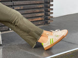 Comfortable sneakers, soft leather rubber sole unit. Great women's shoes for everyday wear in beige lime stripes.