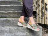 European sandals made in Spain. High quality leather. Comfortable women's sandals with wedge sole unit. In Olive.