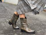 Khaki western style ankle boots with a burnished leather finish, zipper entry. Robust sole, pull tabs and scalloped collar, European handmade in Portugal with quality leathers, beautiful women's boots.