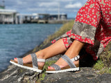 Comfortable European sport inspired sandals made with quality leather. Cork footbed on wedge sole unit. Fabulous women's shoes/sandals in grey.