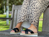 Aerobics are quality European women's sandals and slides. Soft leather with crossover detail in black. Espadrille detail around the sole unit.
