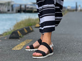 Comfortable European sport inspired sandals made with quality leather. Cork footbed on wedge sole unit. Fabulous women's shoes/sandals in black.