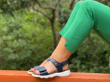 Comfortable European women's sandals.  Made in Portugal with anatomic cork footbed offering full support, fully adjustable with Velcro straps/fastening. In navy.