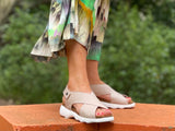 Comfortable European women's sandals. Contoured cork footbed. Soft quality leather, cross over straps with Velcro strap in nude. Travel sandal sport inspired sole.
