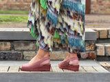 Comfortable, Spanish leather, wedge espadrille sandals. Slingback in raspberry colour. Quality European women's footwear and shoes.