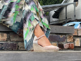 Quality Spanish espadrille sandals made from blush coloured suede leather. Comfortable, wedge jute sole unit. Enclosed ankle strap and enclosed toe.