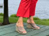 European espadrille slides. Made in Spain from quality suede leather. Beautiful women's sandals in taupe.