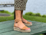 Flat Spanish espadrille sandal. Quality women's sandals and shoes made from suede leather in tan. Buckle ankle strap, jute sole unit.